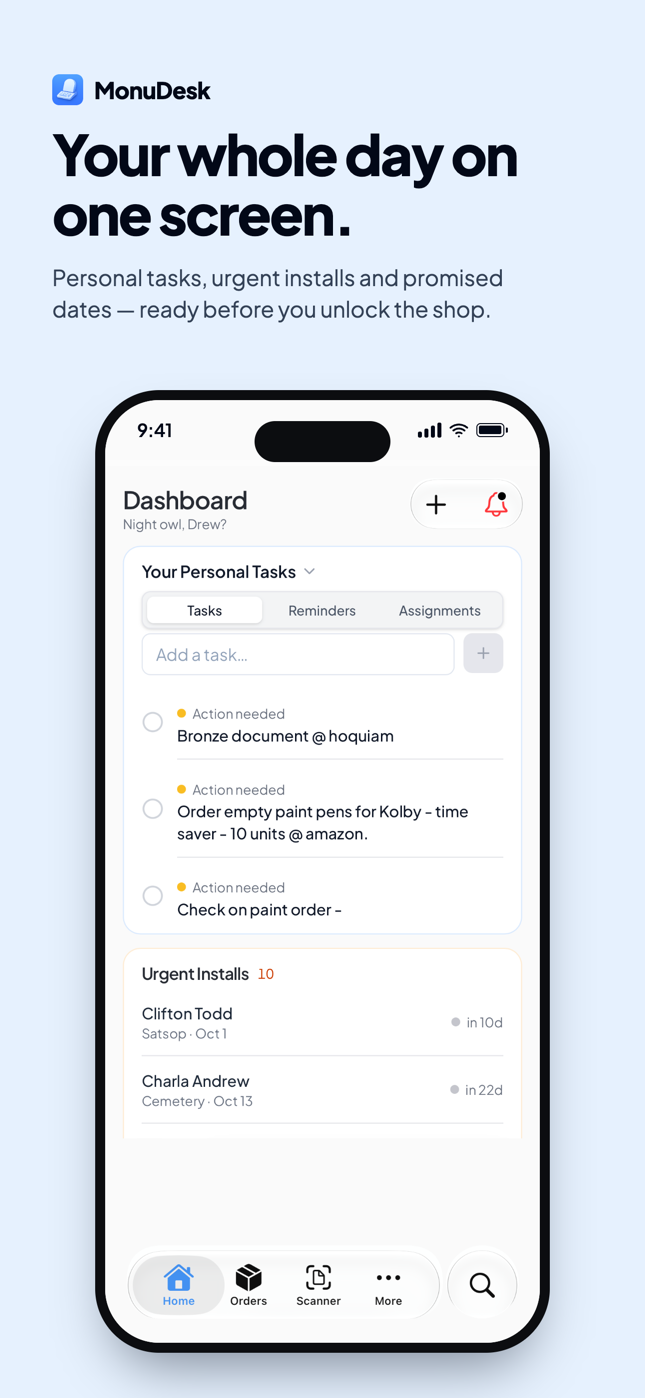 MonuDesk for iPhone: the Home dashboard
