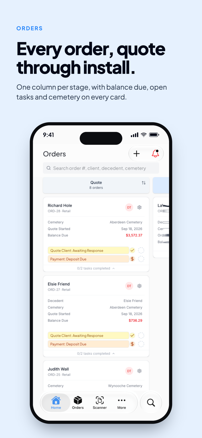 The Orders board on iPhone